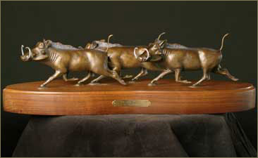 Desktop Bronze Sculpture of Three Warthogs Running