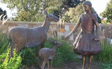 Full Scale Bronze Garden Sculpture of Girl, Doe and Fawn